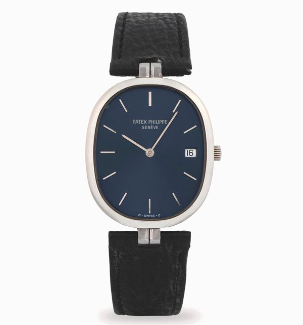 Patek Philippe - Ellipse ref. 3930 in acciaio con quadrante blu soleil e datario, accompagnato da garanzia originale, circa 1988