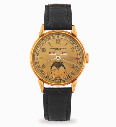 Triplo calendario con indicazione delle fasi lunari, referenza 4240L, circa 1940, cassa in oro ro...