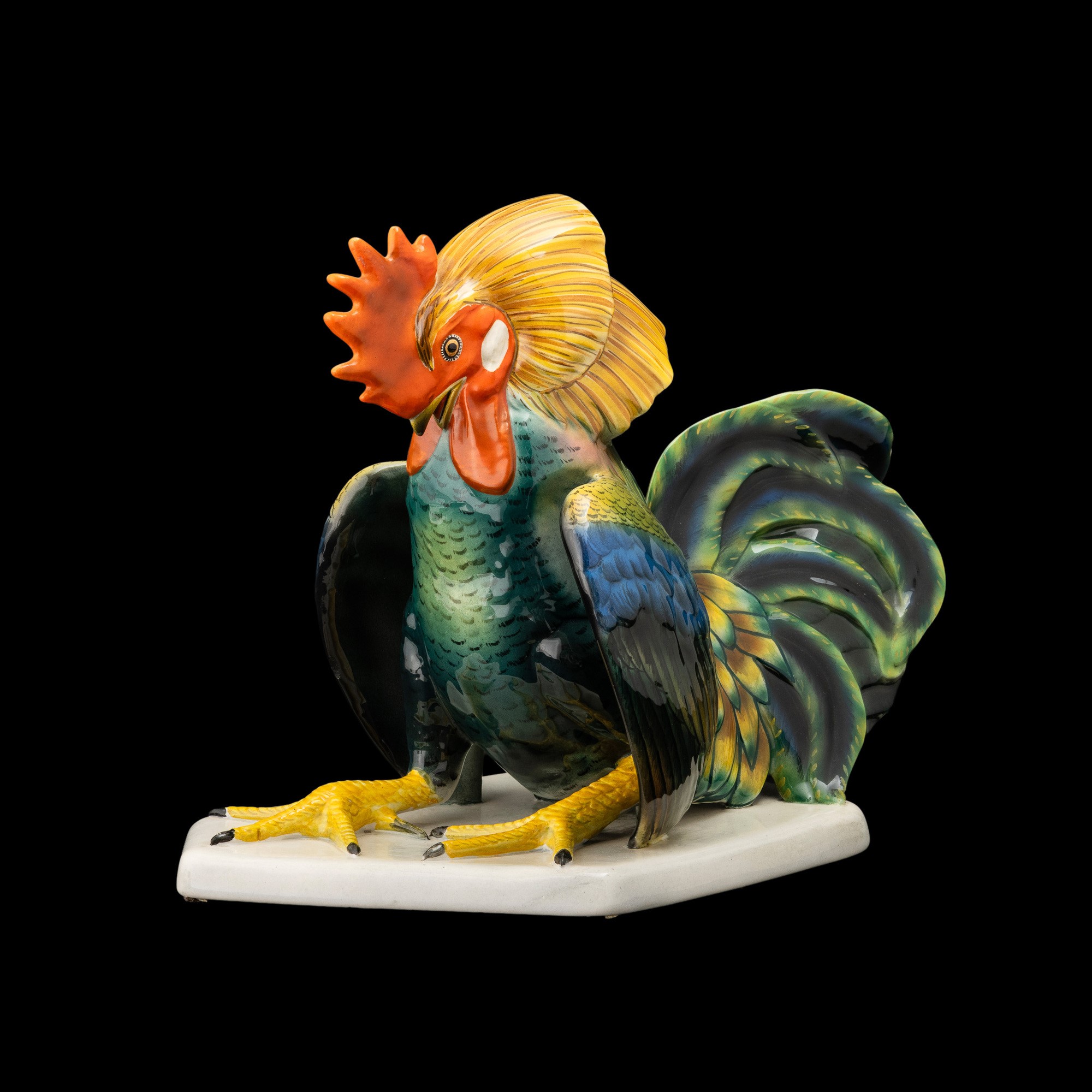 Felice Tosalli - Scultura raffigurante gallo in terraglia a colaggio, decorazione policroma (Lenc...