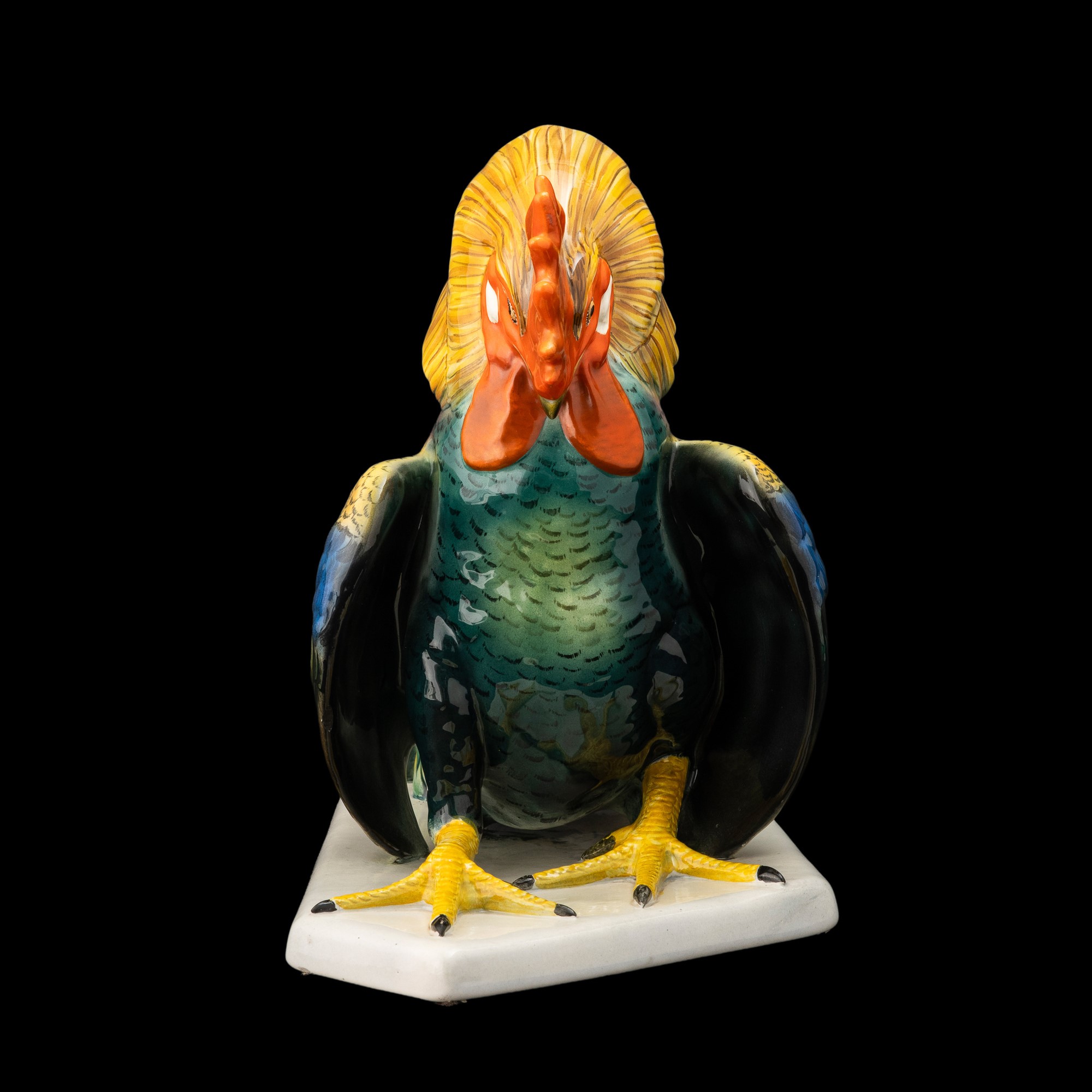 Felice Tosalli - Scultura raffigurante gallo in terraglia a colaggio, decorazione policroma (Lenc...