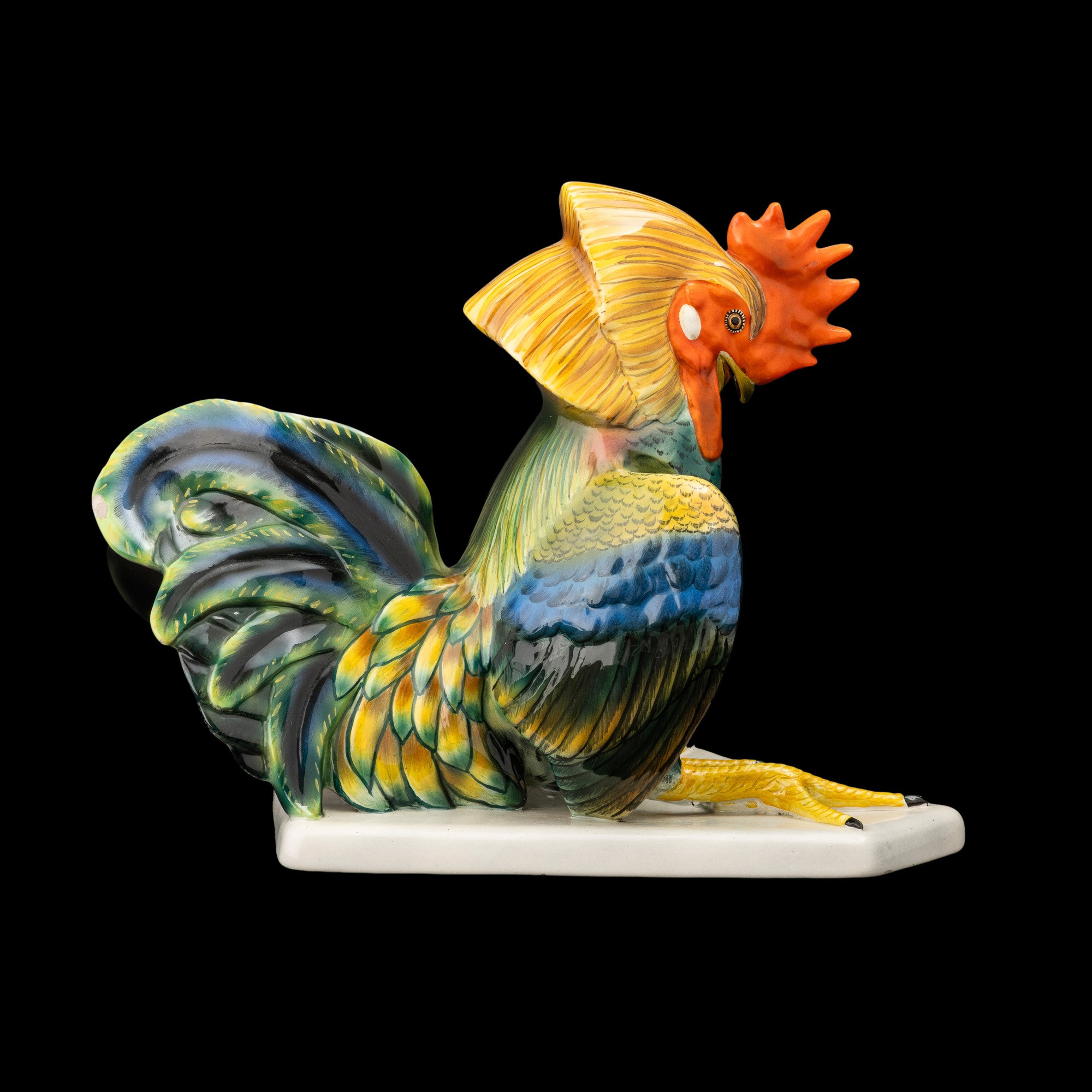 Felice Tosalli - Scultura raffigurante gallo in terraglia a colaggio, decorazione policroma (Lenc...