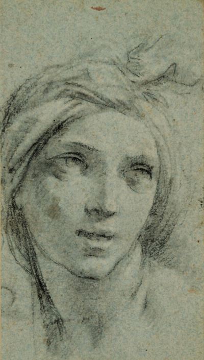 Studio di giovane - matita nera su carta preparata grigio-azzurra