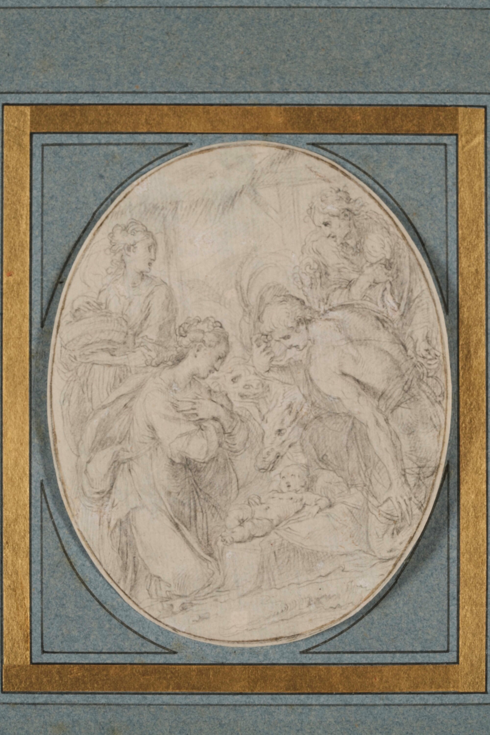 Giulio Cesare Procaccini - Adorazione dei pastori, matita nera su carta ovale