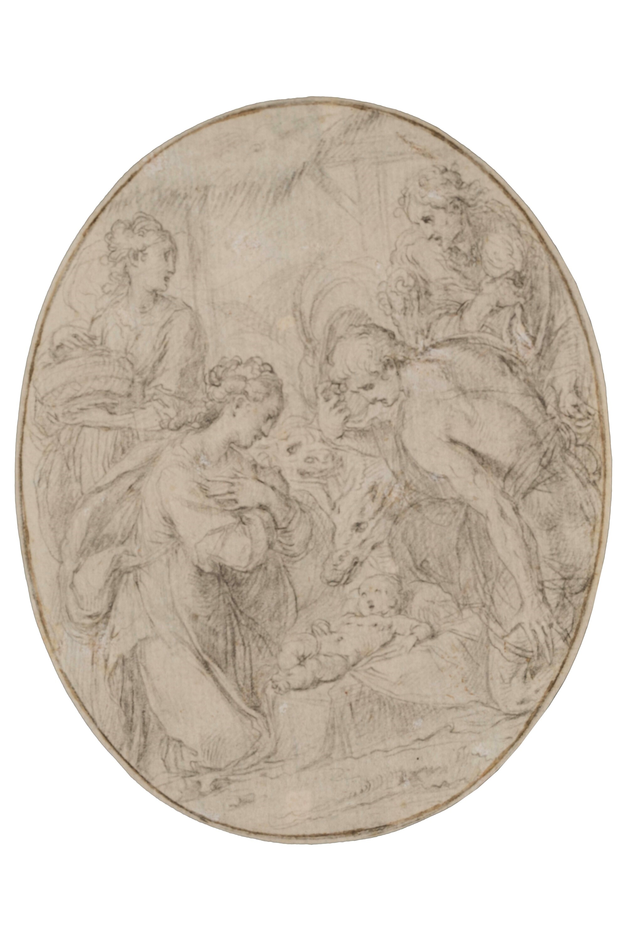 Giulio Cesare Procaccini - Adorazione dei pastori, matita nera su carta ovale