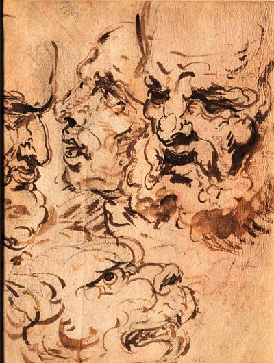 Studi per la testa di San Girolamo e il leone, penna, inchiostro bruno e acquerello su carta