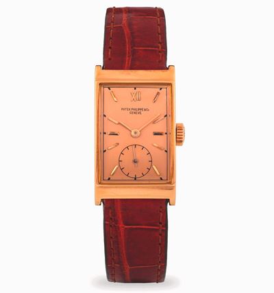 Orologio rettangolare in oro rosa con quadrante rosa 18k, circa 1940