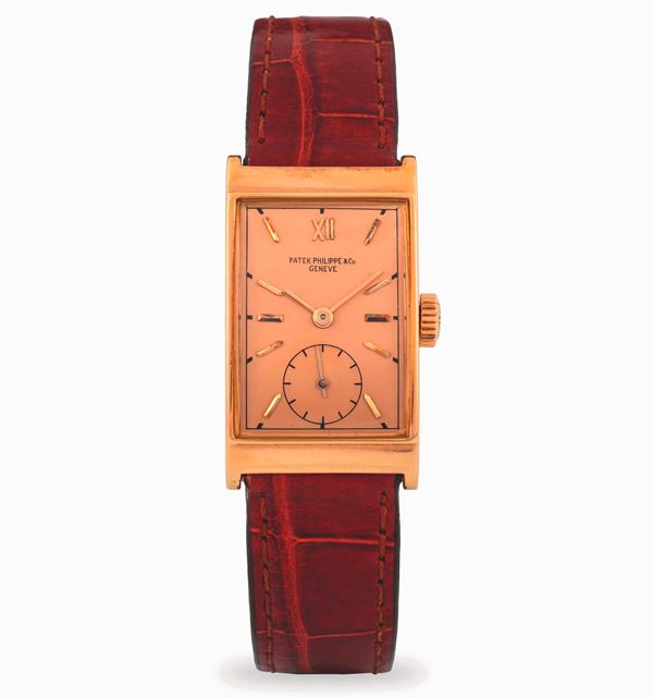 Patek Philippe - Rettangolare in oro rosa con quadrante in oro rosa 18k e indici applicati, secondi al sei, circa 1940