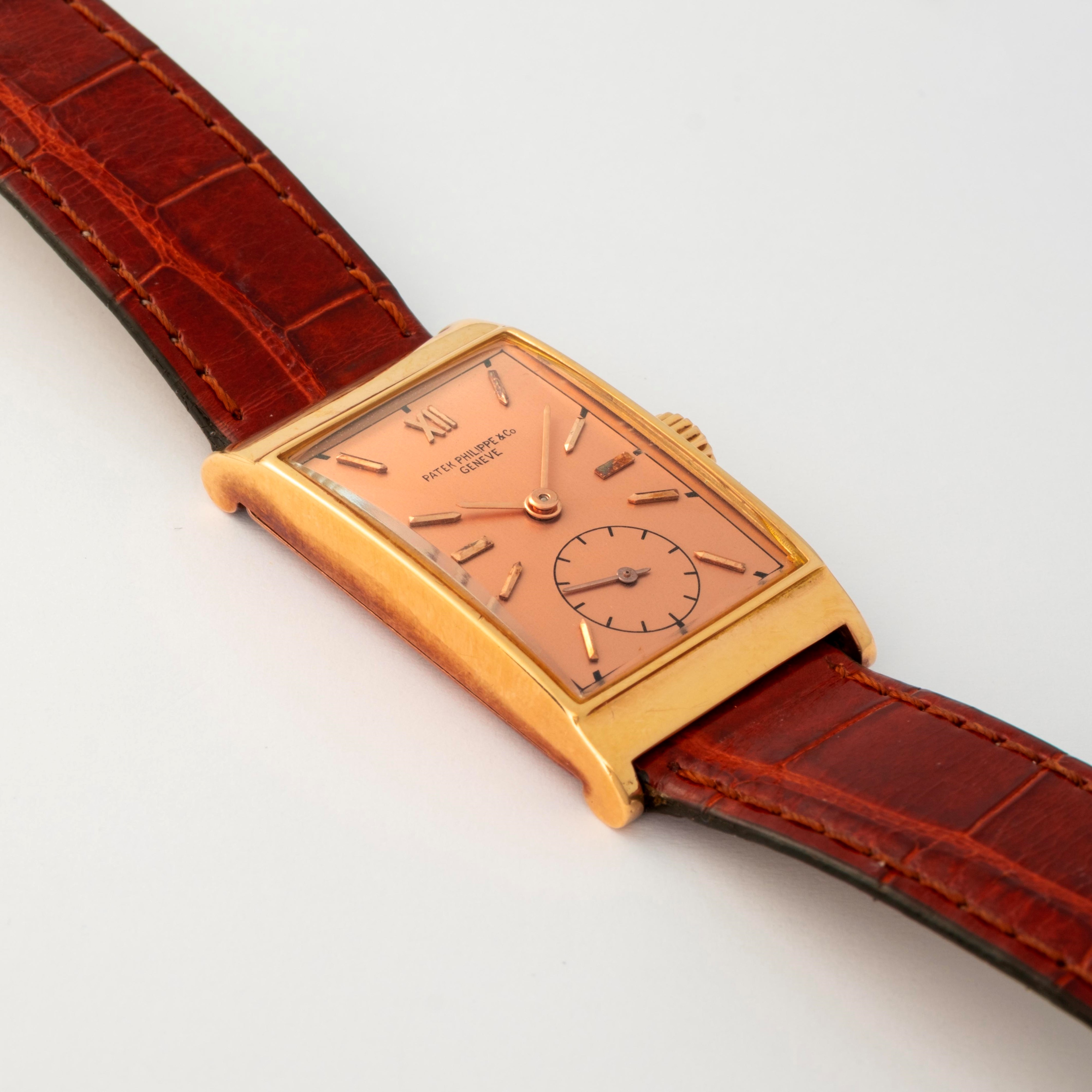 Patek Philippe - Orologio rettangolare in oro rosa con quadrante rosa 18k, circa 1940