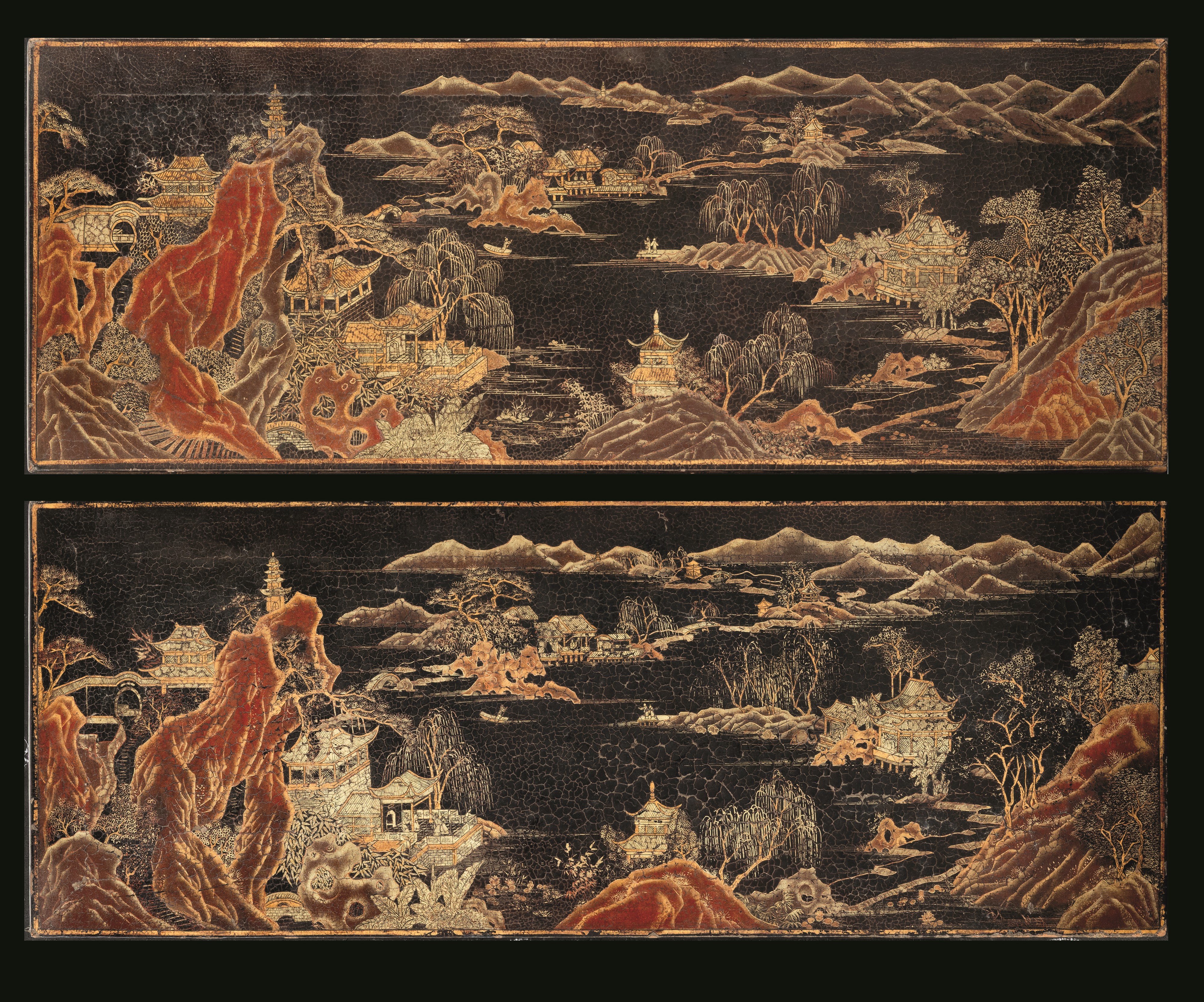 Cina, Dinastia Qing (epoca Qianlong, 1736-1796), Coppia di tavolini laccati a soggetto paesaggist...