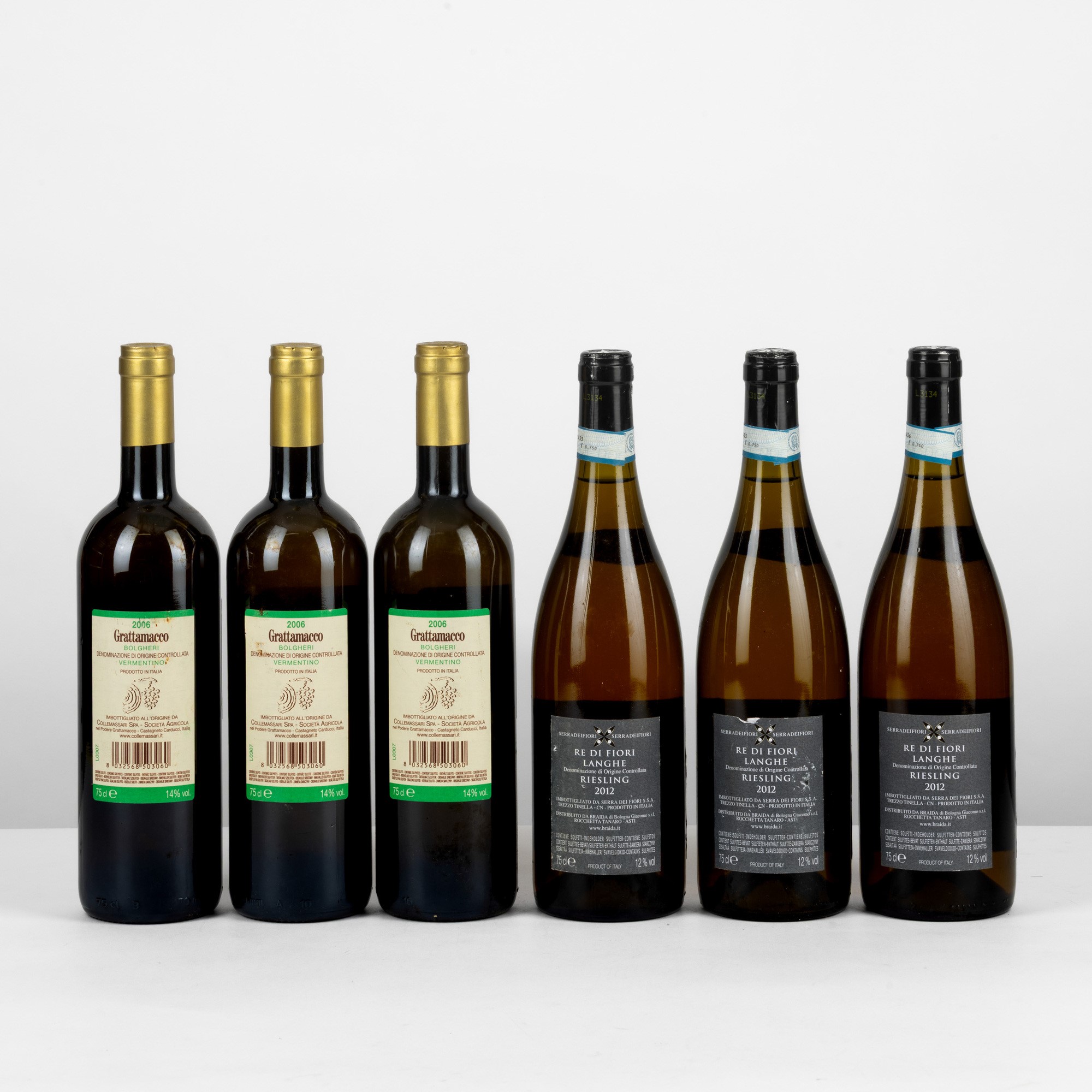 Selezione di Vini Bianchi, Bolgheri Grattamacco 2006 e Re Di Fiori Riesling 2012, 6 bottiglie