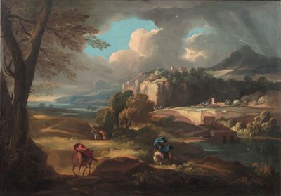 Scuola romana del XVII secolo, Paesaggio con viandanti, olio su tela