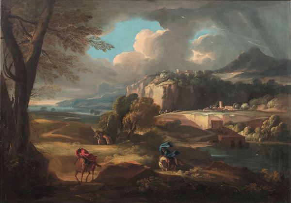 Scuola romana del XVII secolo Paesaggio con viandanti