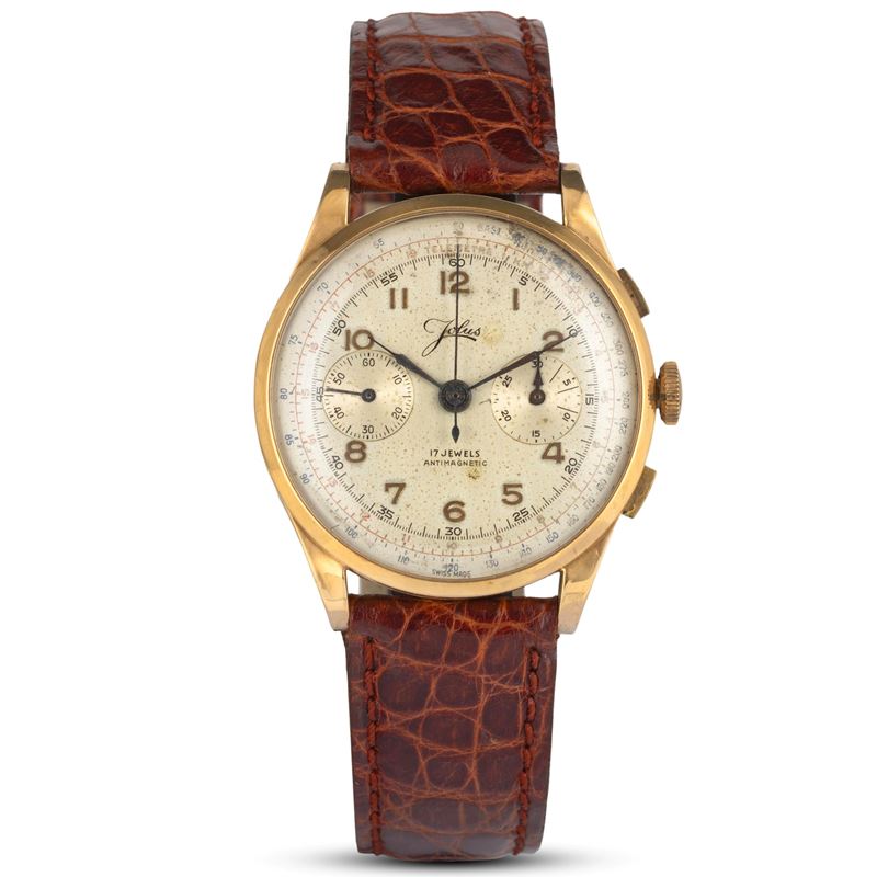 Jolus : Cronografo in oro giallo 18k con tasti rettangolari, quadrante argentè con lancette a siringa e contatori al tre e al nove, carica manuale, 37 mm  - Auction Orologi da polso - Cambi Casa d'Aste