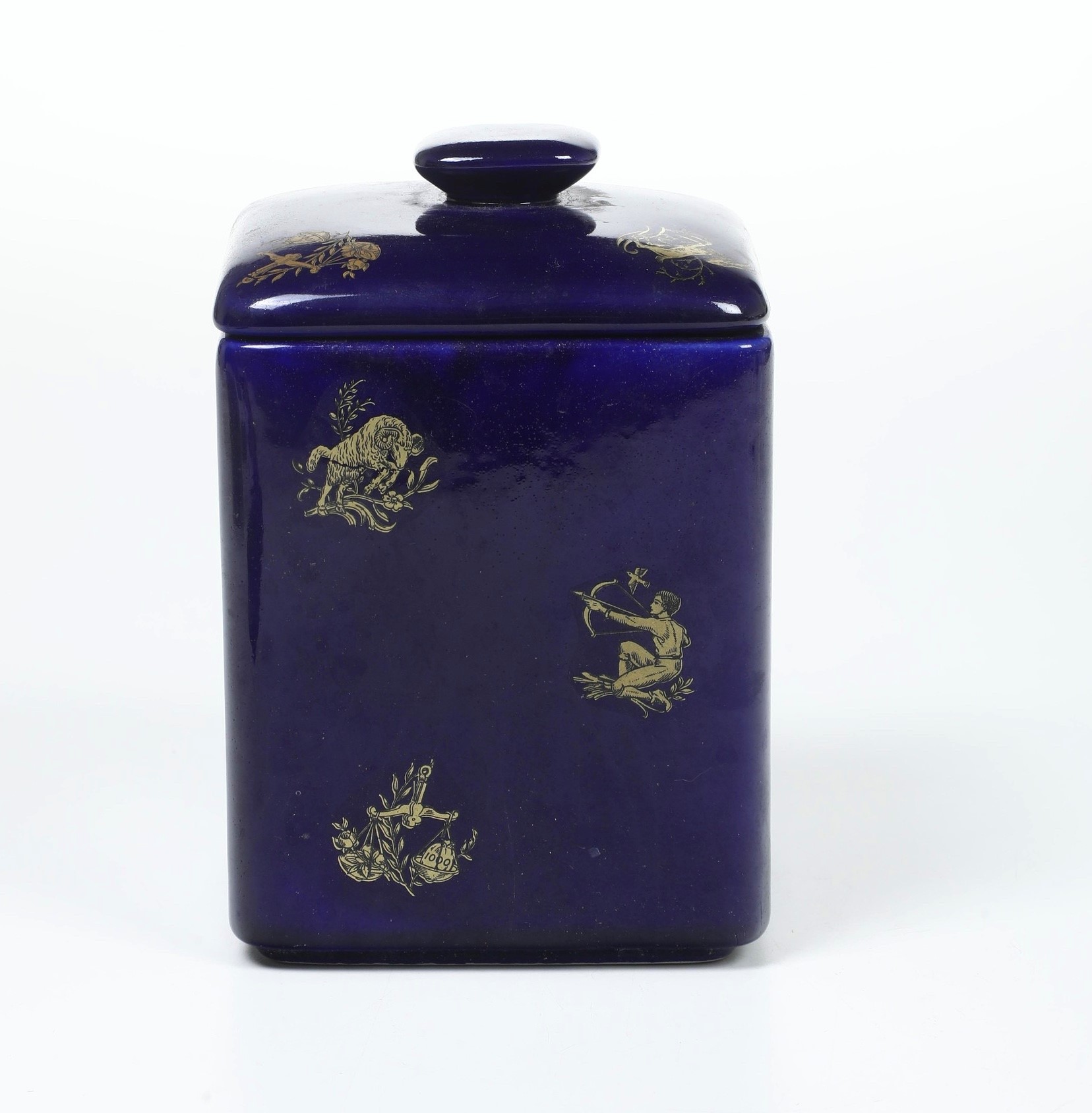 Biscottiera con segni zodiacali, Porcellana a fondo blu e oro, XX secolo