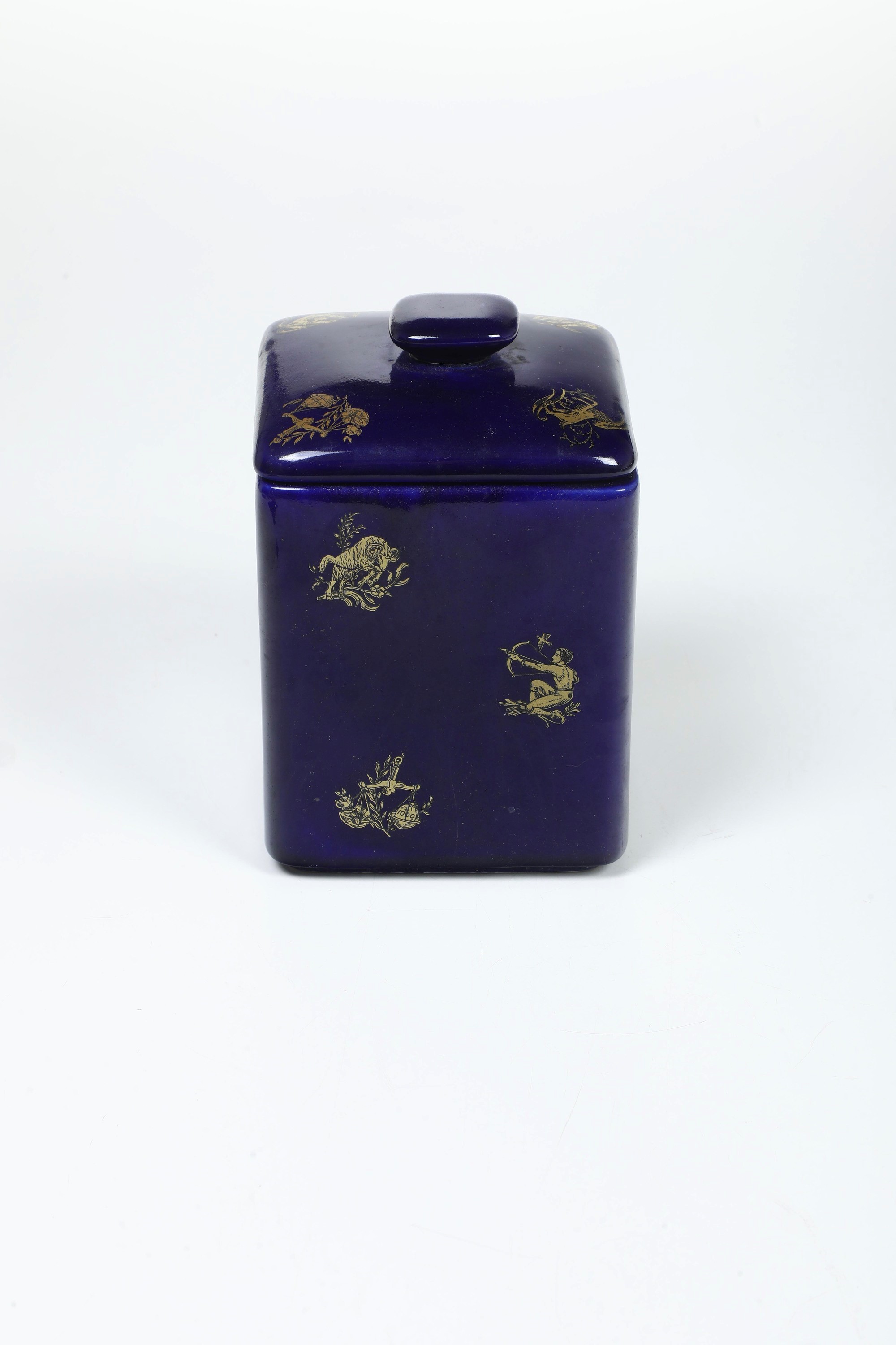 Biscottiera con segni zodiacali, Porcellana a fondo blu e oro, XX secolo