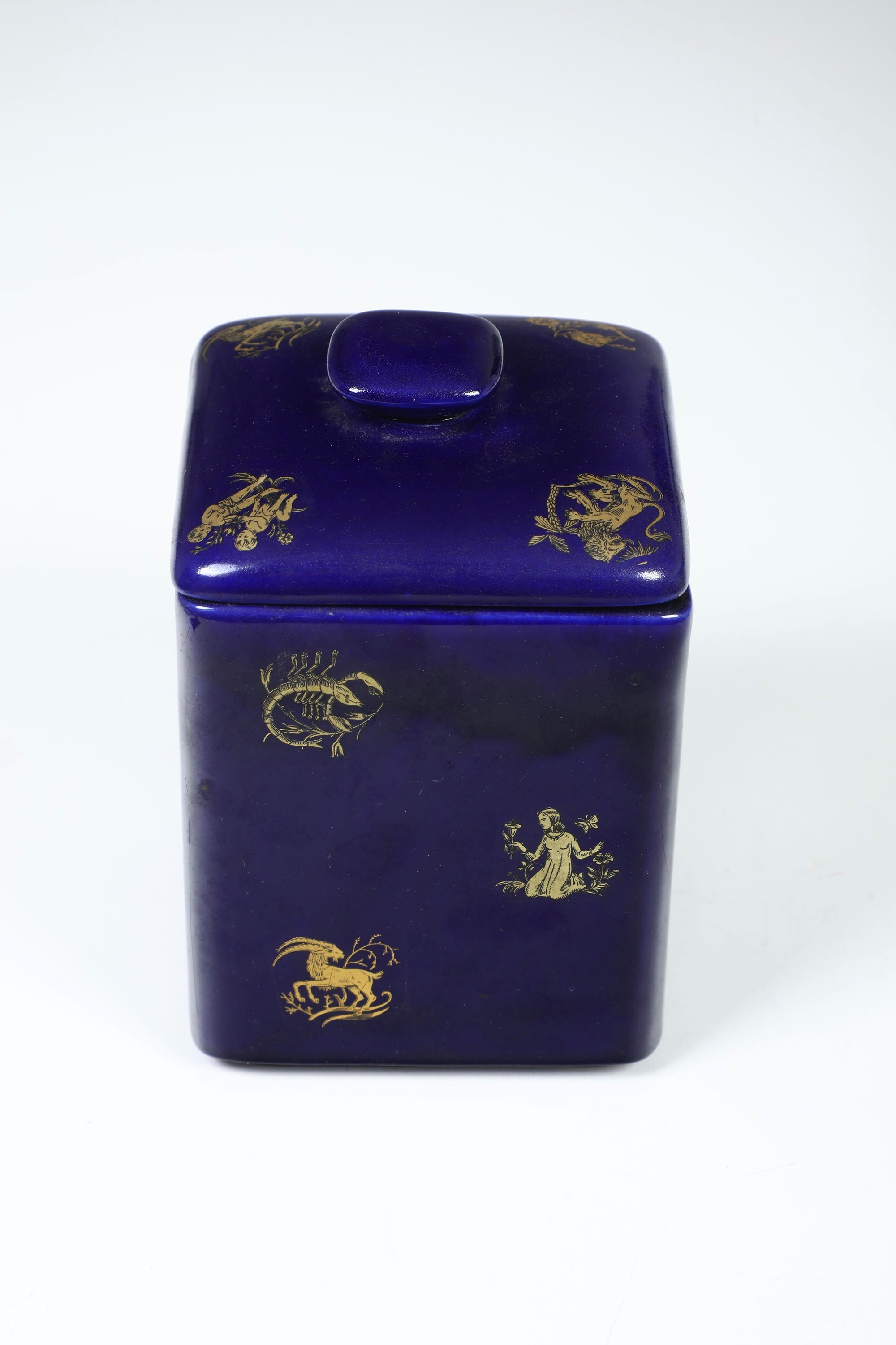 Biscottiera con segni zodiacali, Porcellana a fondo blu e oro, XX secolo
