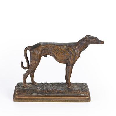Figura di levriero in bronzo, XX secolo, dimensioni 12 x 4 x 9,5 cm