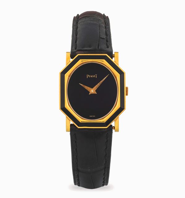 Octagonal in oro giallo 18k, quadrante e ghiera in onice, circa 1970