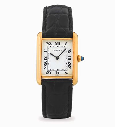 Tank Louis ref 78086, oro giallo 18k, quadrante bianco con numeri romani, circa 1970
