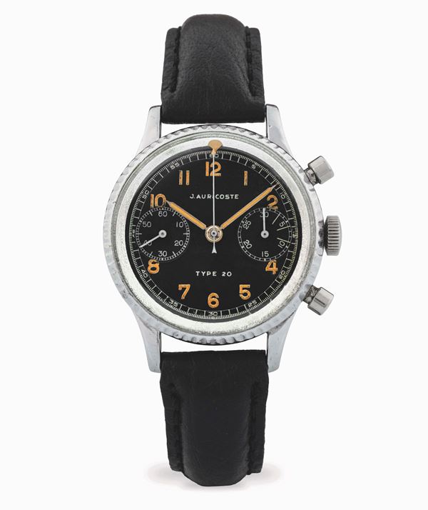 Type 20 cronografo in acciaio, quadrante nero due contatori assegnato all’aviazione francese, circa  [..]