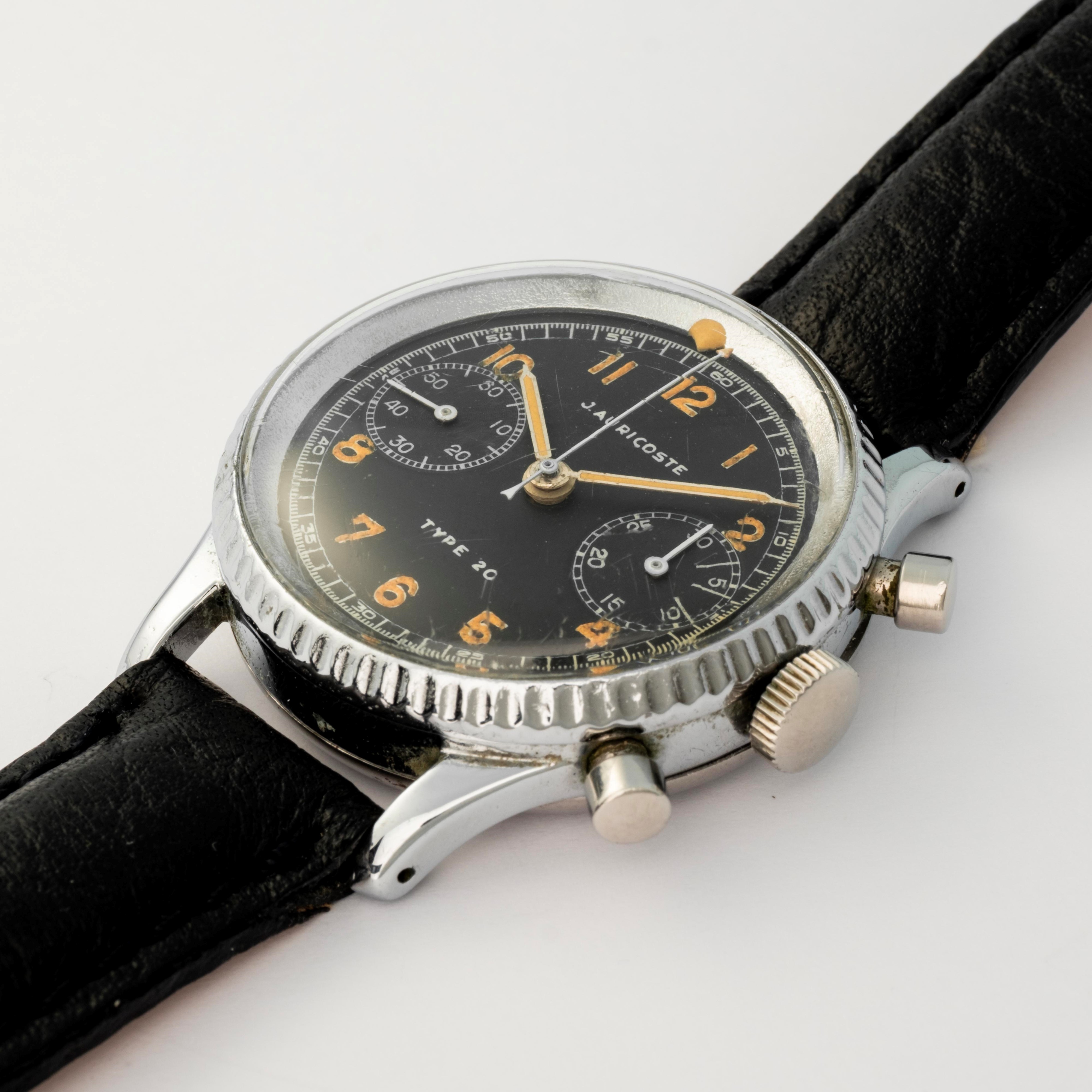 J. Auricoste - Type 20 cronografo in acciaio con quadrante nero, circa 1954
