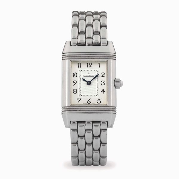 Reverso Duetto ref 266.8.44 in steel and brilliants, silvered dial, with box and guarantee, circa 2000