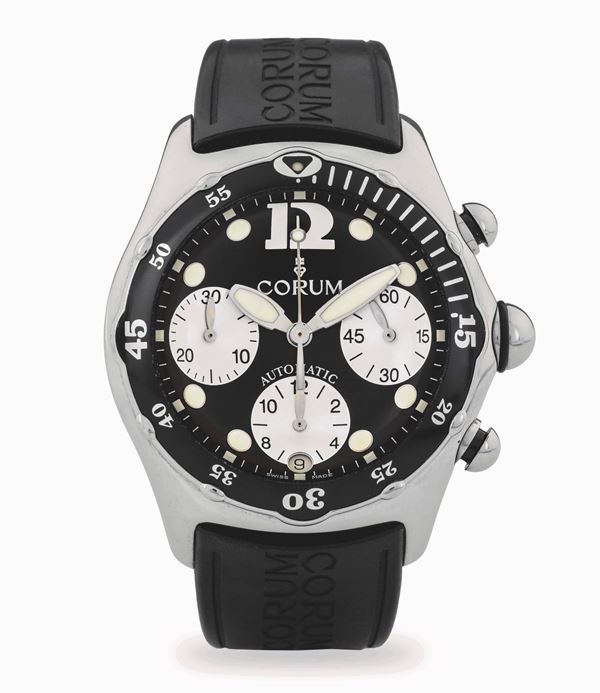 Bubble cronografo in acciaio, quadrante nero con contatori bianchi, circa 2000