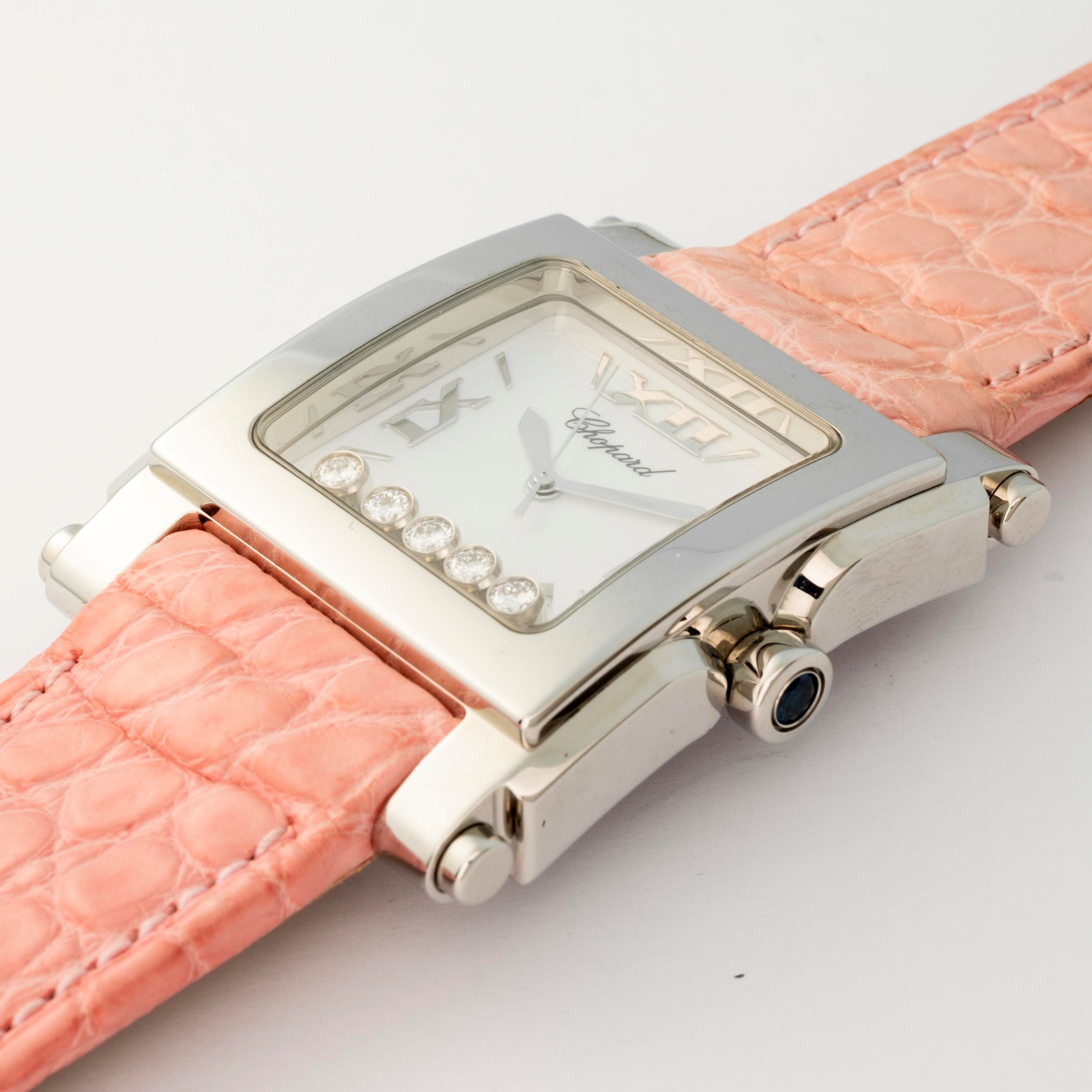 Chopard - Happy Sport Square, orologio in acciaio con quadrante Argentè e diamanti sospesi, circa...