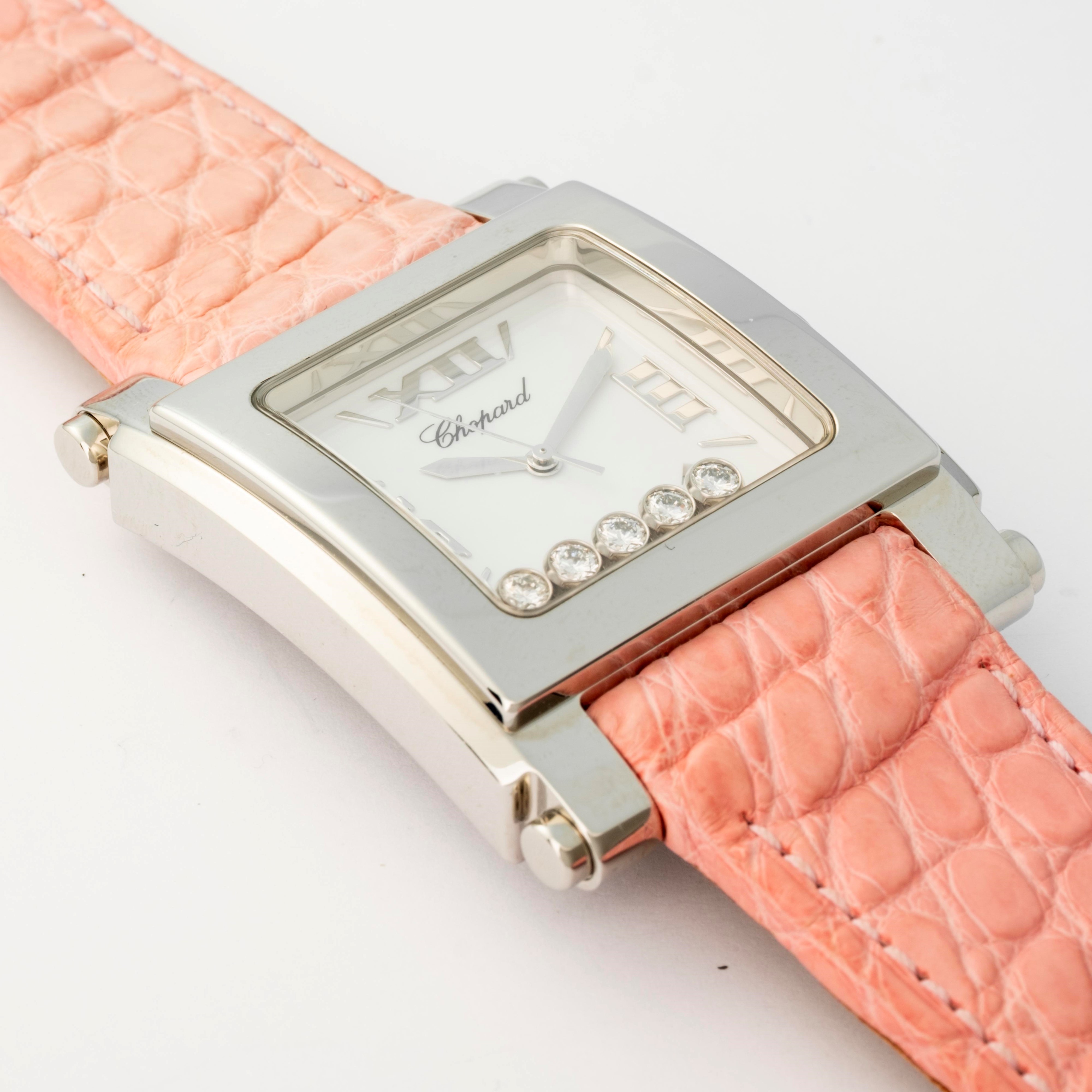 Chopard - Happy Sport Square, orologio in acciaio con quadrante Argentè e diamanti sospesi, circa...