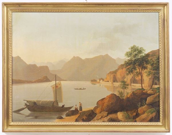 Scuola del XIX secolo Paesaggio costiero con figure e imbarcazioni