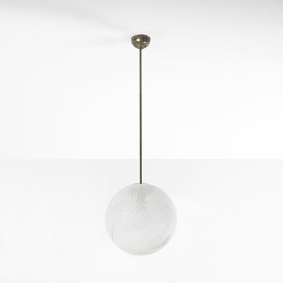 Lampada a sospensione in ottone con diffusore in vetro di Murano