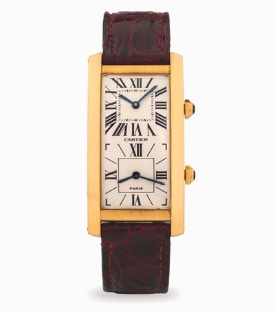 Cintrée Dual Time in oro giallo 18k con doppio quadrante e numeri romani, circa 1990