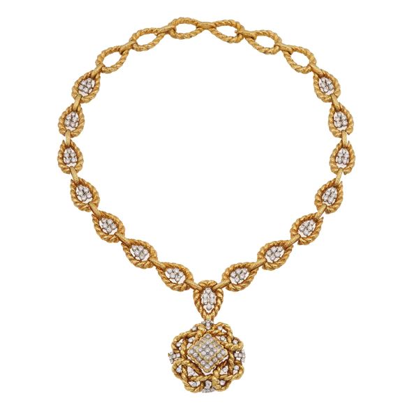 Yellow gold, platinum and diamond necklace with pendent/brooch. Signed David WEBB