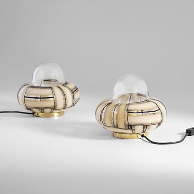 Due lampade da tavolo in ottone e vetro di Murano