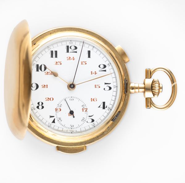 Savonette in oro giallo 18k a ripetizione minuti, quadrante smalto bianco con numeri Arabi e piccoli secondi al sei<BR>52 mm, peso 93,7 g