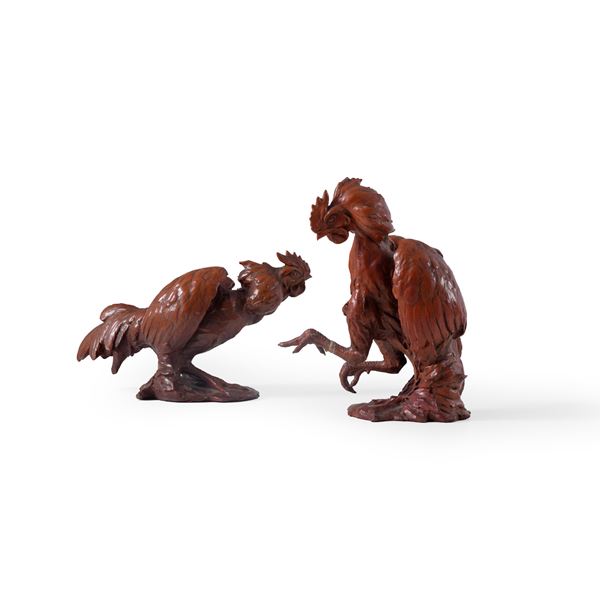 Due figure di galli.<BR>Italia, Cacciapuoti, XX secolo.