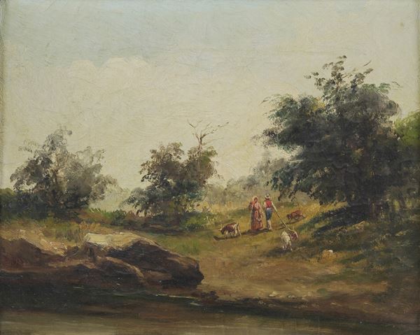 Pittore del XIX secolo Paesaggio con figure