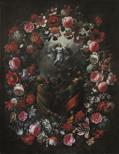 Trasfigurazione di Cristo entro ghirlanda di fiori, olio su tela