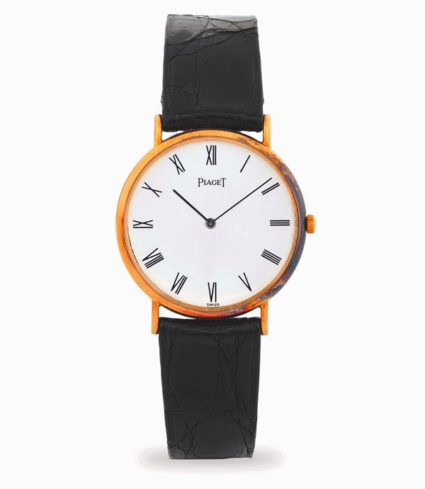 Altiplano in oro giallo 18k, quadrante bianco con numeri Romani, circa 1980