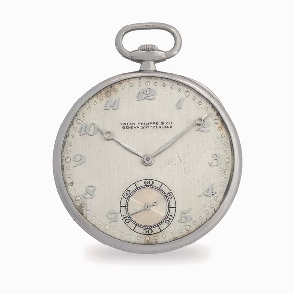 Patek Philippe - Pocket watch in platinum 950, argenté dial with Breguet numerals and small seconds at six, with original box, circa 1930