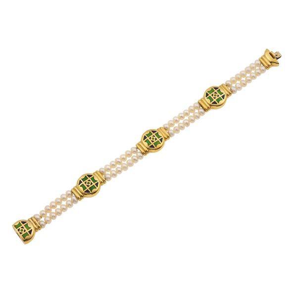 Bracciale a due fili di perle coltivate con smalti policromi