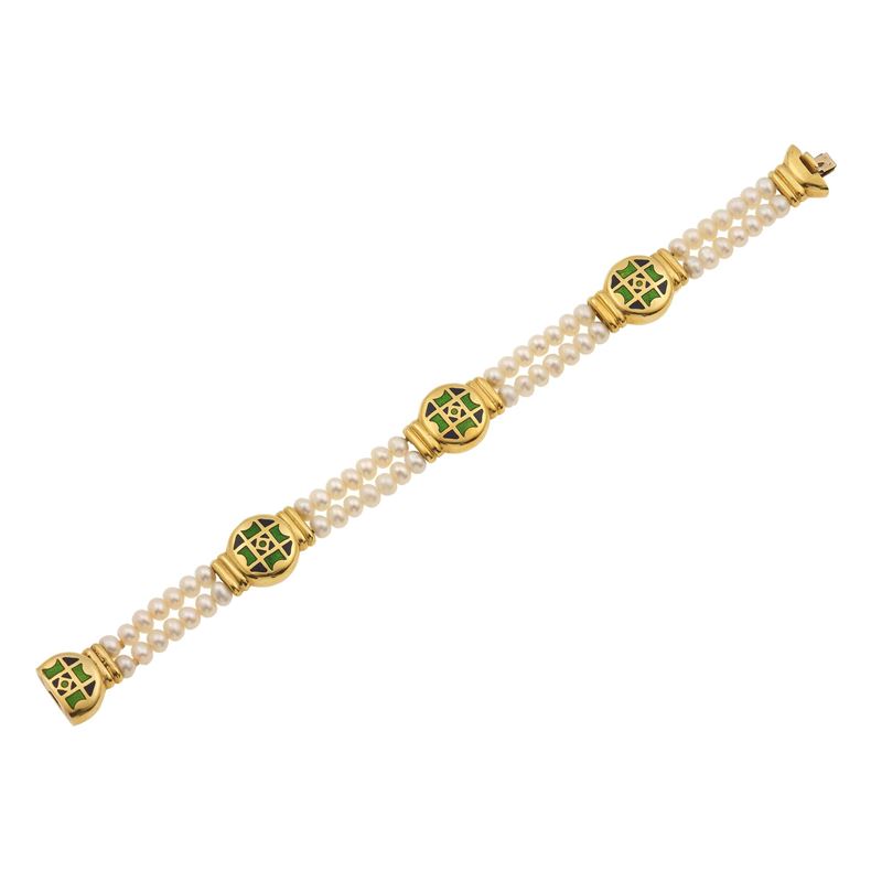 Bracciale a due fili di perle coltivate con smalti policromi  - Asta Gioielli - Cambi Casa d'Aste