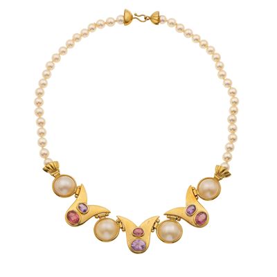 Girocollo in oro giallo 750/1000 con perle coltivate e quarzi