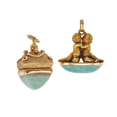 Due pendenti in oro giallo 750 con amazzonite