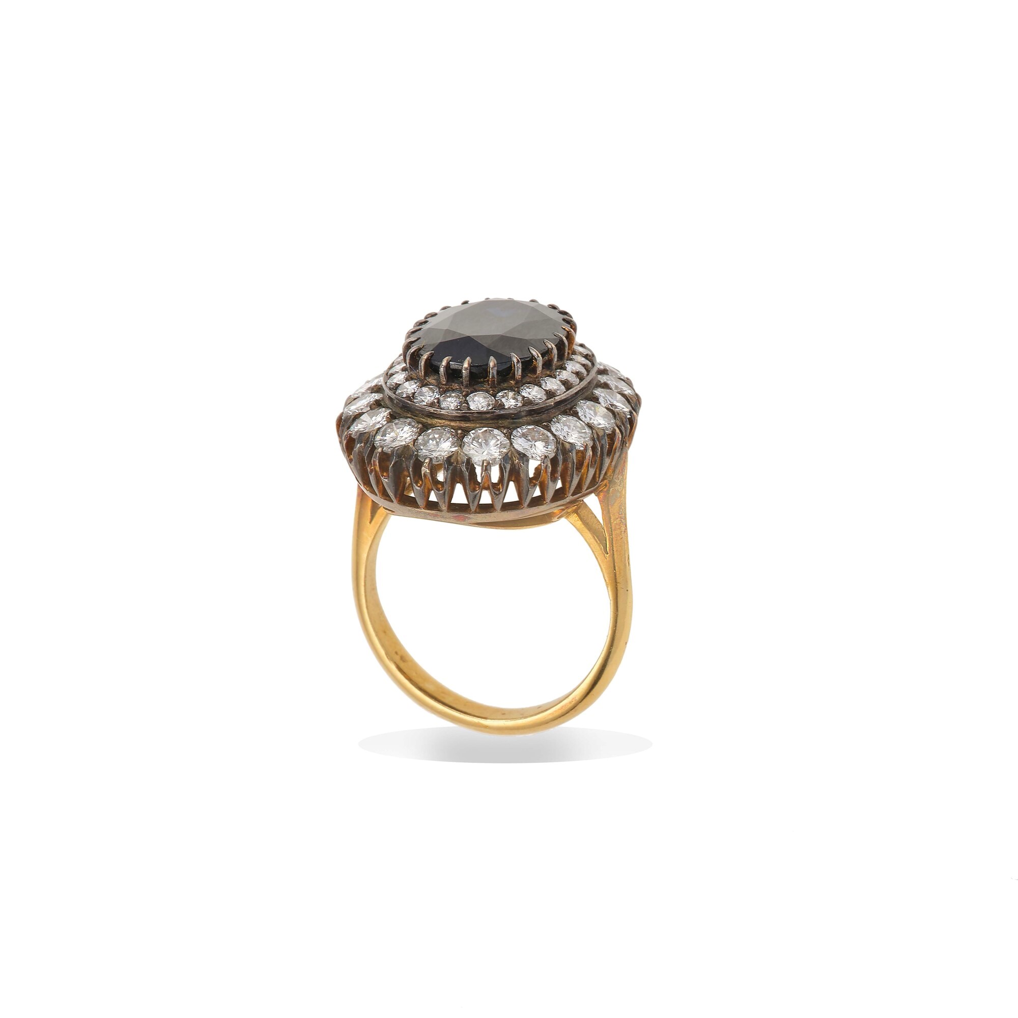 Anello con zaffiro australiano e diamanti, oro giallo 750/1000 e argento