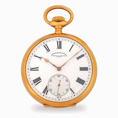 Tasca Chronometre Royal in oro giallo 18k con quadrante in smalto bianco, circa 1915