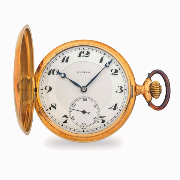 Savonnette in oro giallo 18k, quadrante in smalto bianco con numeri Breguet dipinti e secondi al sei,  [..]