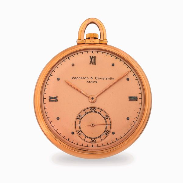 Vacheron &amp; Constantin - Pocket watch in pink gold 18k, salmon dial with Roman numerals, applied indexes, and small seconds at six, circa 1935