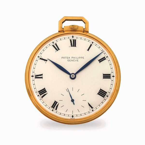 Patek Philippe - Yellow gold 18k pocket watch, silvered dial with Roman numerals and small seconds at six, with original box, circa 1950