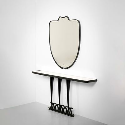 Console e specchiera da parete in legno ebanizzato e cristallo, Italia, circa 1950